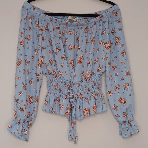 Women's No Comment Blue Floral Daisy Duke Southern Country Off Shoulder Sz Large - Picture 1 of 12